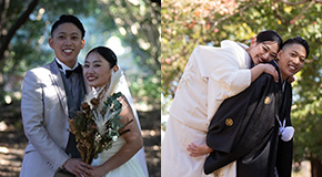 和装の新婦と洋装の新郎新婦