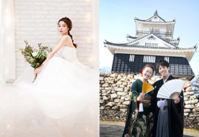 洋装の新婦と和装の新郎新婦